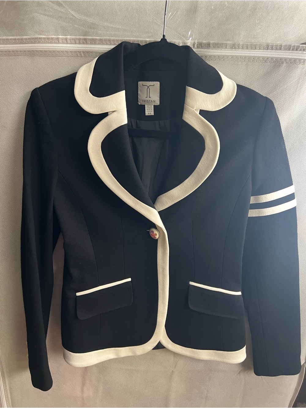 Tristan Black White Contrast Trim Blazer Petite Small P/S Career Jacket